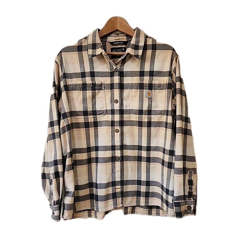 Carhartt Shirt Women's XL Loose Fit Rugged Flex Flannel Blue Plaid Pockets